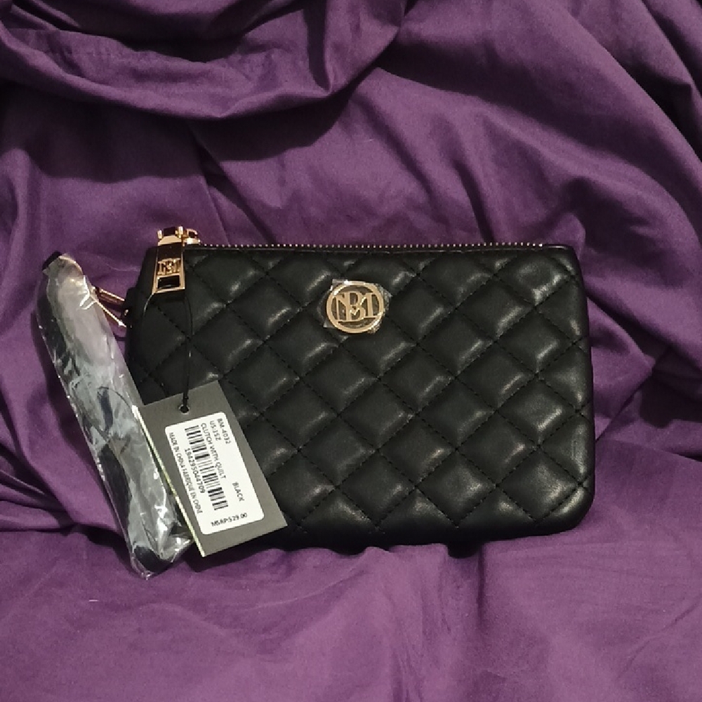 Badgley Mischka Black Quilted Clutch with Gold Accents
